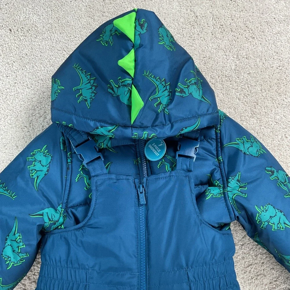 Carters Toddler Boys 2-Piece Dinosaur Snowsuit Teal Blue Puffer‎ Jacket Bibs 3T